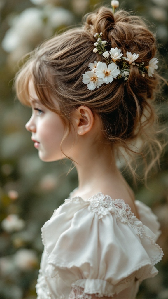 A little girl with a messy romantic updo hairstyle adorned with flowers.