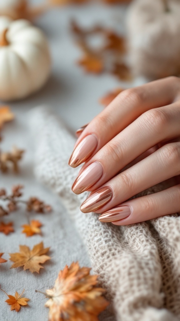 Close-up of manicured hands with metallic bronze accent nails, surrounded by autumn leaves and soft fabrics.
