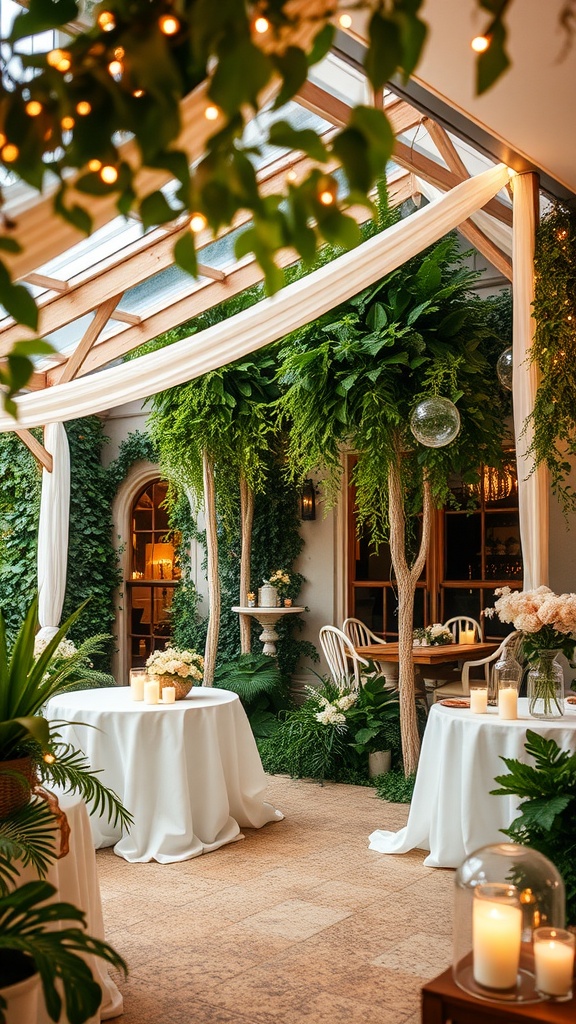 A beautifully decorated venue for a bridal shower with lush greenery and soft lighting.
