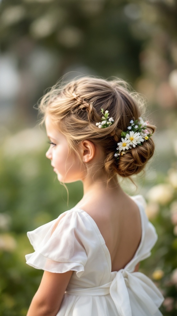 A little girl with a miniature chignon hairstyle adorned with flowers, wearing a white dress.
