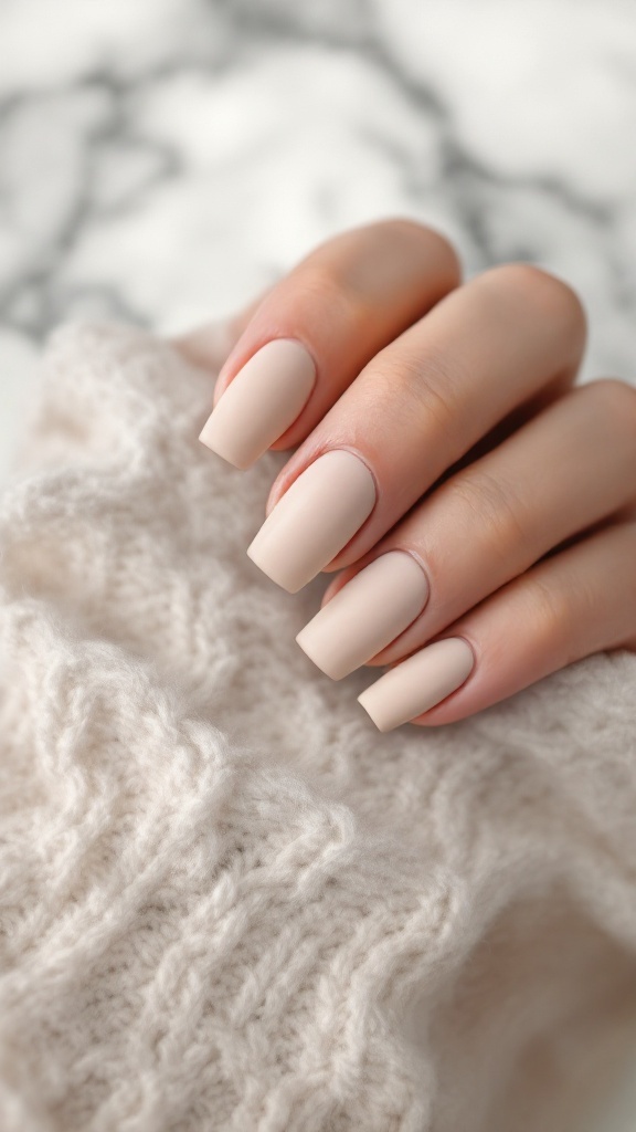 Close-up of a hand with square-shaped nails featuring a minimalist matte finish.