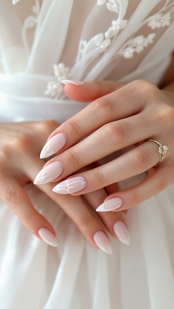 Nude wedding nails with minimalist design, featuring almond shape and white line accents