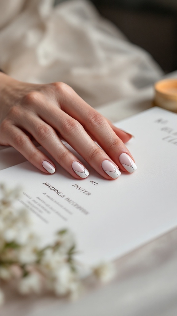 Minimalist gel nails on a bride's hand with a wedding invitation