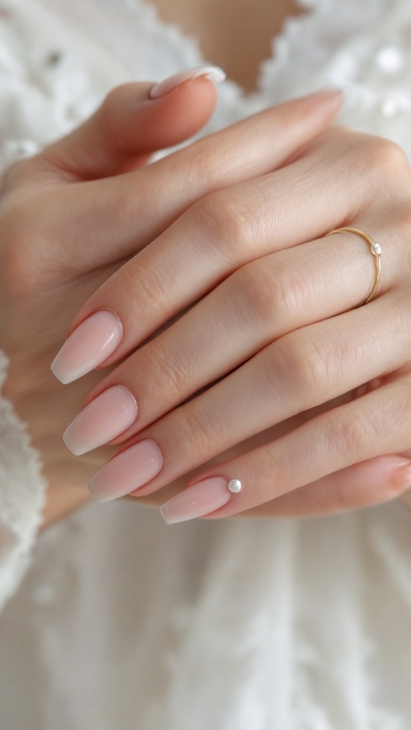 Minimalist pearl nail look with nude polish and pearl accent on one nail