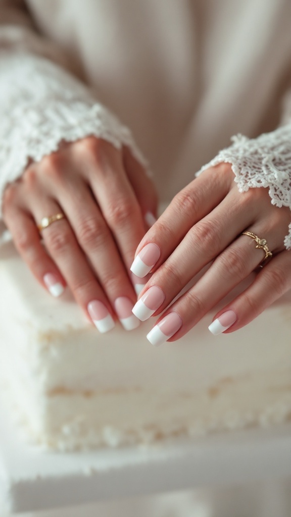 Bridal hands with minimalistic French tip nails resting on a white cake
