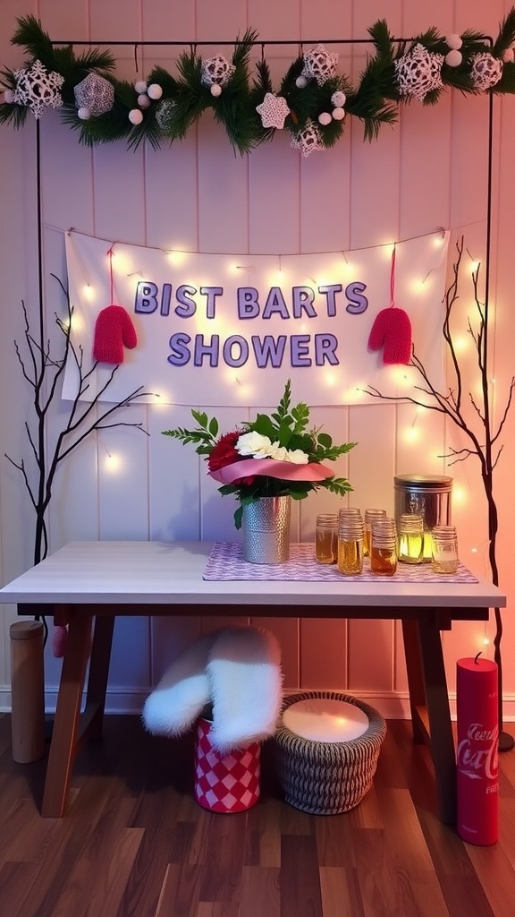 A winter bridal shower setup featuring mittens, mimosas, a floral arrangement, and a cozy atmosphere.