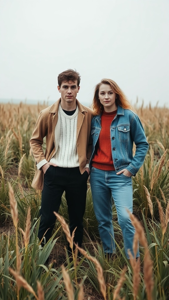 A couple standing in a field wearing textured fall outfits, showcasing a mix of styles.