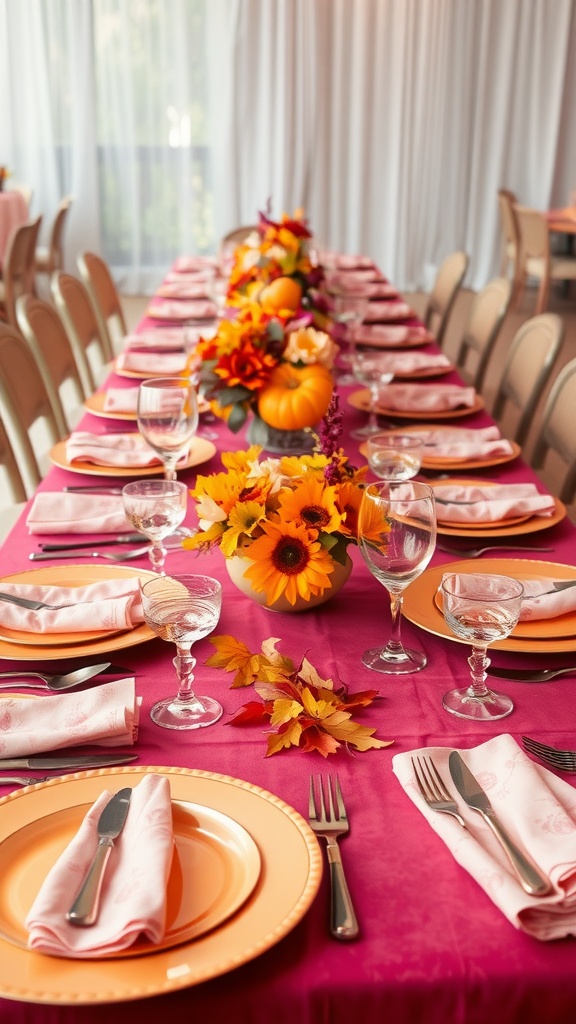 Colorful autumn-themed table setting for a wedding, featuring vibrant flowers and diverse glassware.