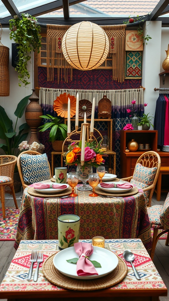 A boho-themed bridal shower setup featuring mixed patterns and textiles with colorful table settings.