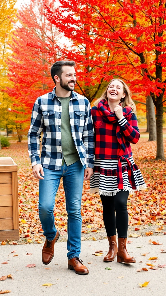 Couple walking in fall with plaid and striped outfits surrounded by autumn leaves