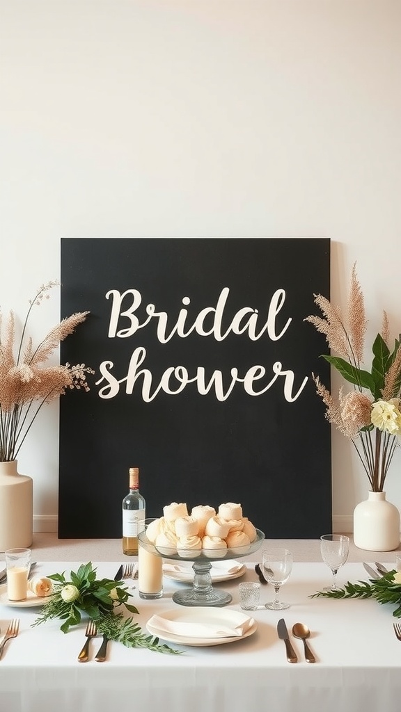 A modern minimalist bridal shower setup featuring a black backdrop, elegant table setting with flowers, and a display of sweet treats.