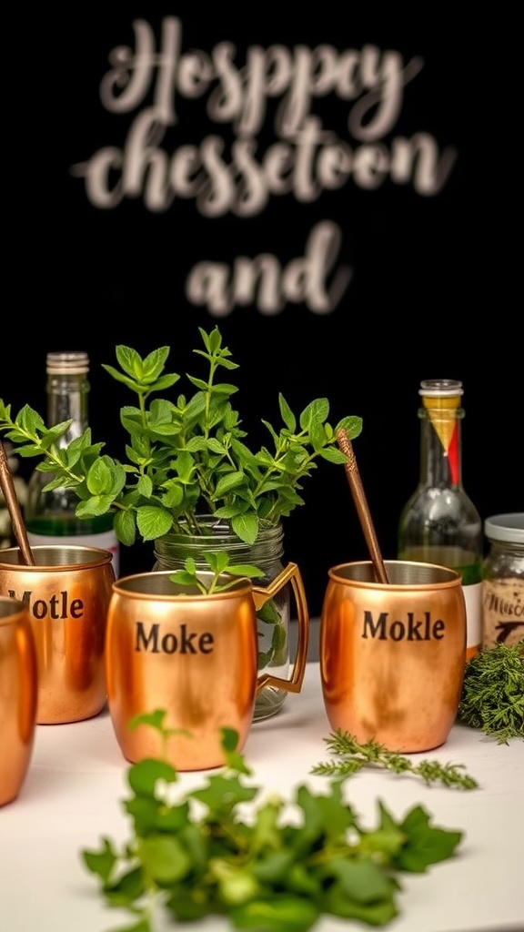 Copper mugs for Moscow Mule cocktail surrounded by fresh herbs