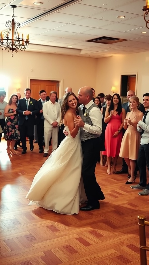 A couple dancing their first dance at a wedding reception surrounded by guests.