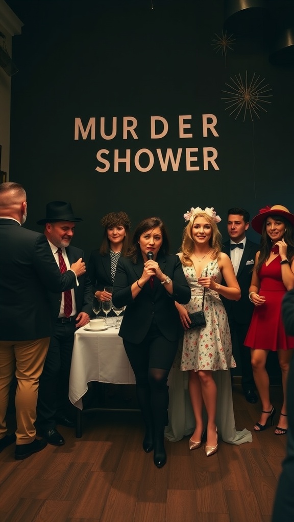 Group of guests at a murder mystery wedding shower with a sign that reads 'MURDER SHOWER'.