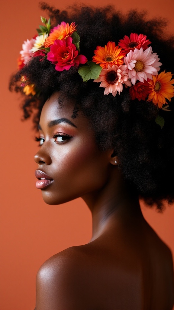 A woman with a natural afro hairstyle adorned with a colorful floral crown against an orange background.