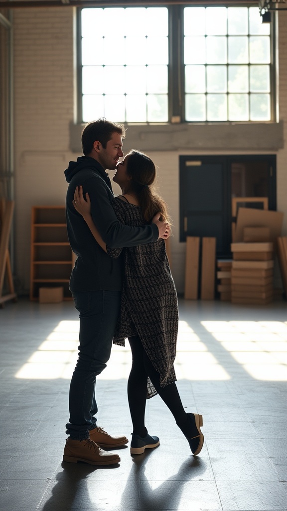 Couple embracing in a sunlit studio, surrounded by soft shadows and natural light.