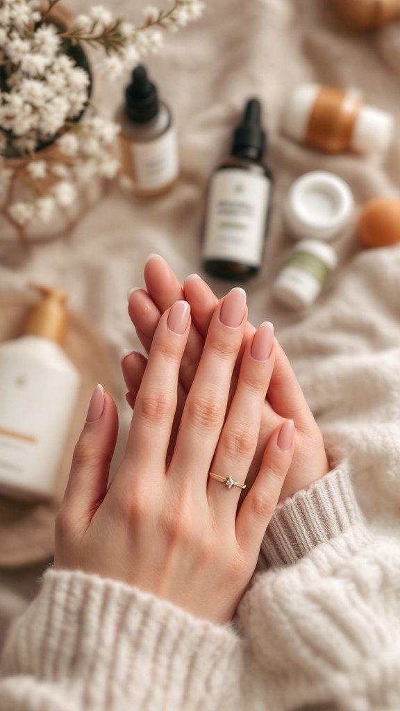 A close-up of hands with natural nails and a delicate ring, surrounded by skincare products and flowers.