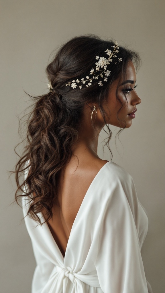 Bridal hairstyle featuring natural waves and minimal floral accessories