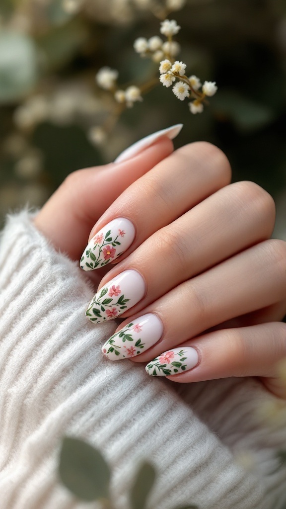 Nature-inspired gel nail art featuring floral designs on a bride's nails