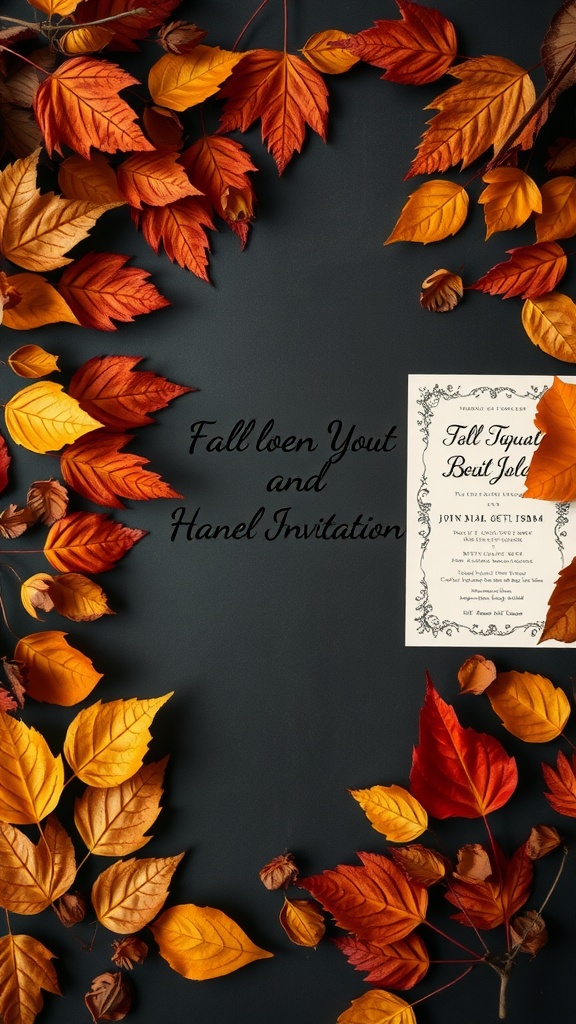 An arrangement of autumn leaves surrounding a fall wedding invitation.