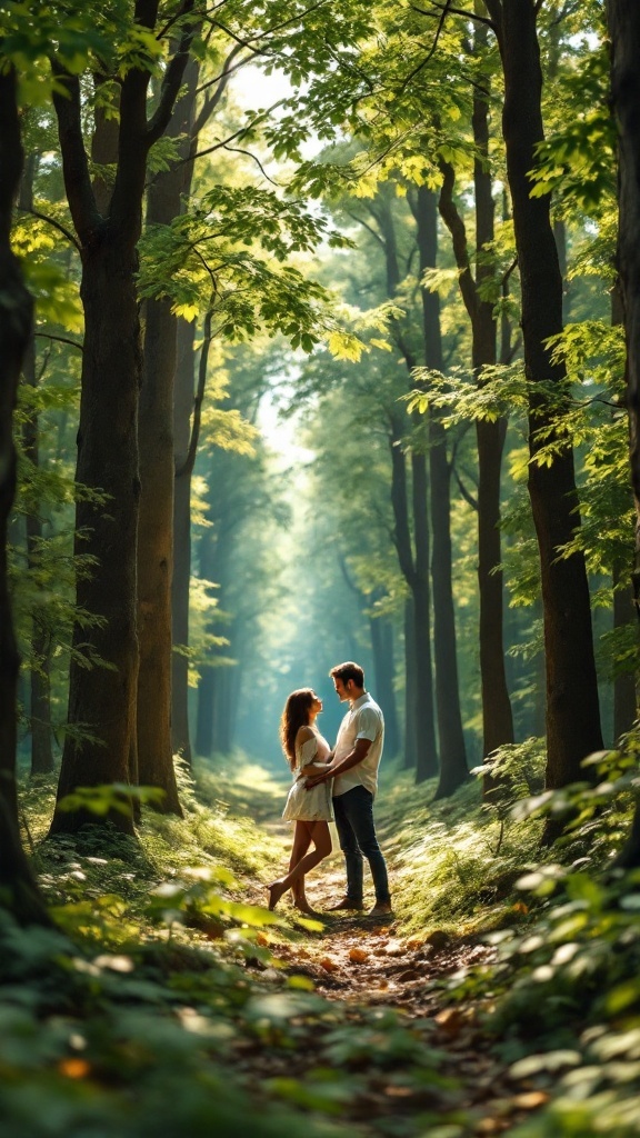 Couple embracing in a sunlit forest