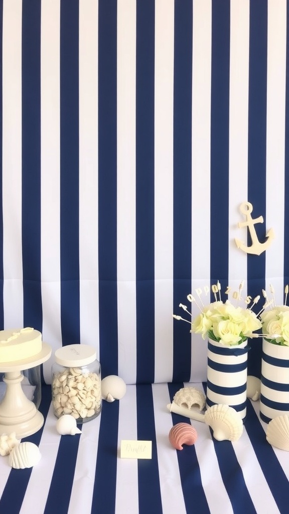 A nautical-themed bridal shower setup with navy and white stripes, seashells, and decorative elements.