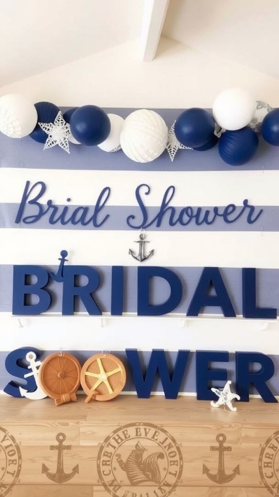 Nautical themed bridal shower decor featuring blue and white colors with balloons, stars, and large letters spelling 'Bridal Shower'.