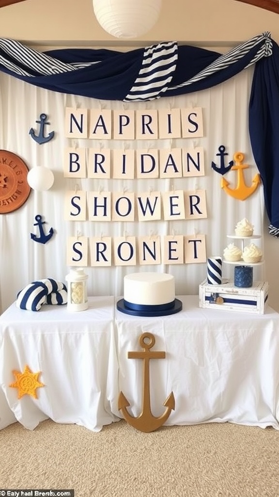 A nautical-themed bridal shower setup with blue and white decor, featuring an anchor, letters spelling out 'Bridal Shower', and a centerpiece cake.