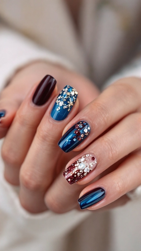 A set of elegant wedding nails featuring non-traditional colors like deep burgundy and rich blue with floral designs and sparkles.