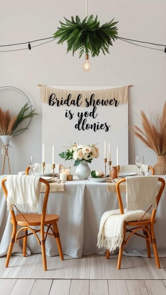 A cozy winter bridal shower setting featuring a decorated table with candles, floral centerpieces, and a welcoming banner.