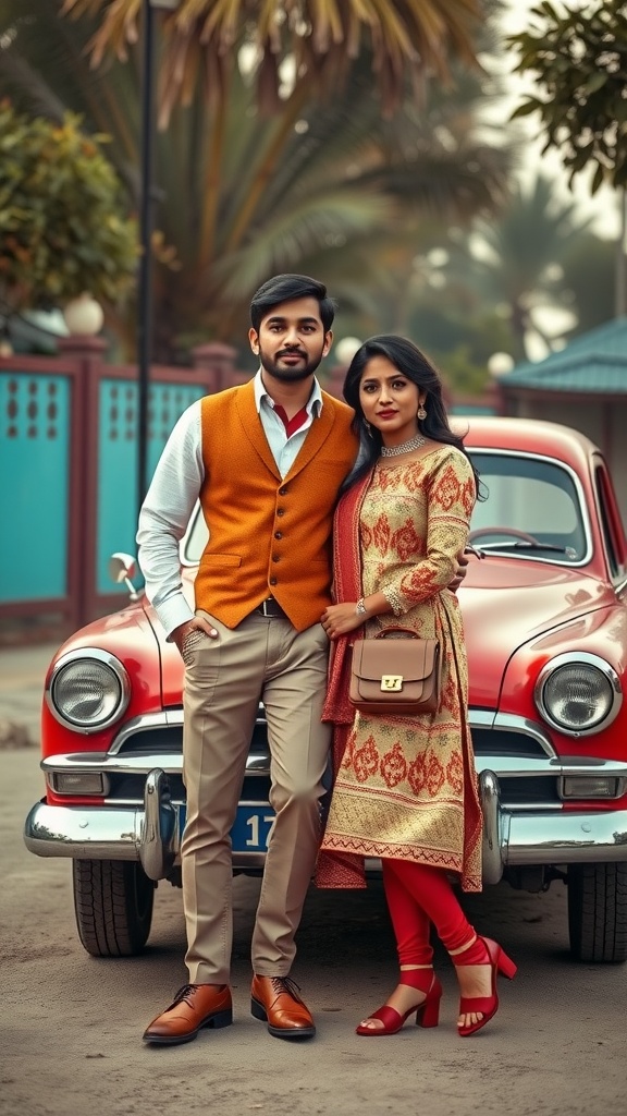 Couple in vintage attire beside a red classic car