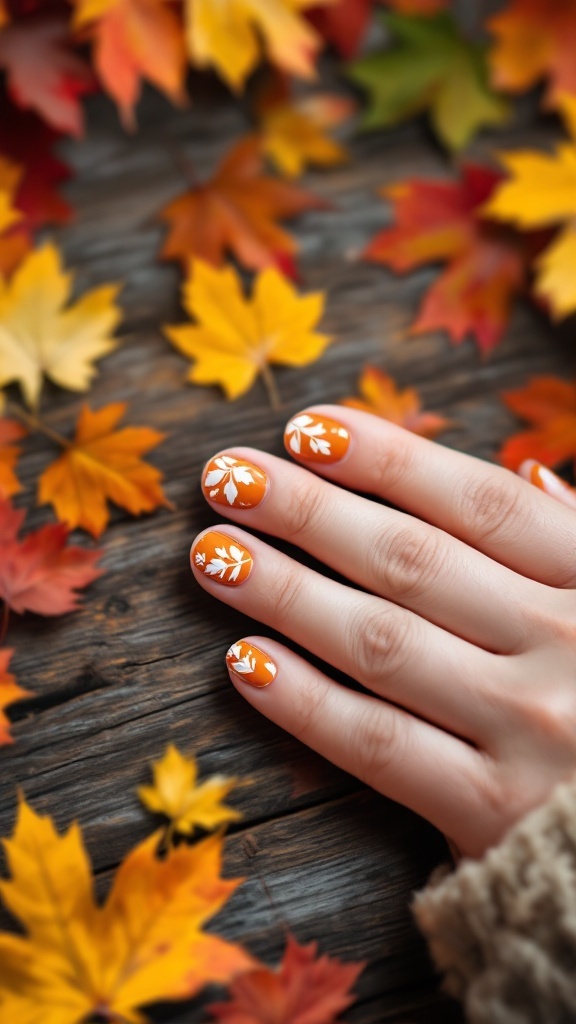 A hand with orange and white leaf nail art, surrounded by colorful autumn leaves on a wooden background.