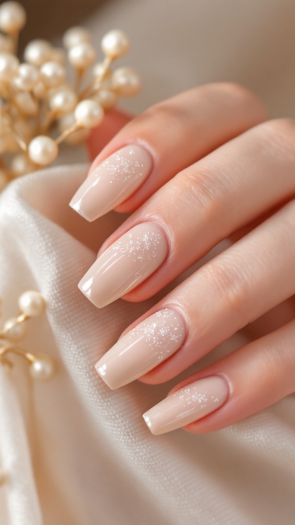 A hand with nude nails featuring a pearlescent finish and sparkles, set against a soft background with decorative pearls.
