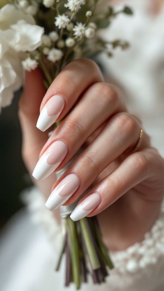 Nude wedding nails with negative space, elegantly shaped, complemented by a bouquet.