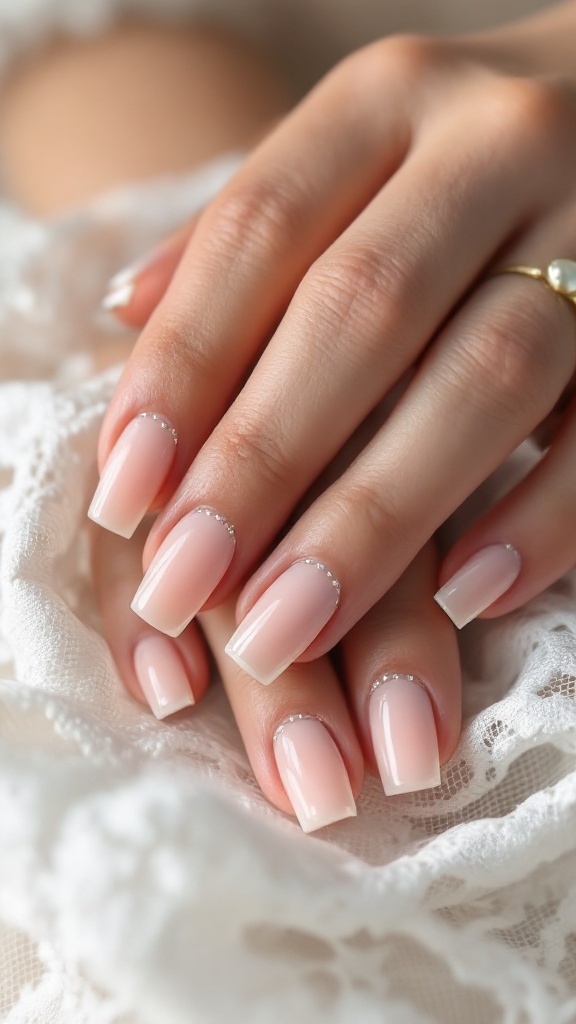 Nude square wedding nails with pearl embellishments