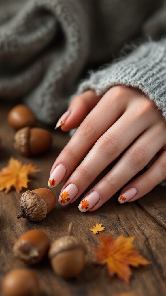 Nude nails with fall leaf designs, surrounded by acorns and autumn leaves