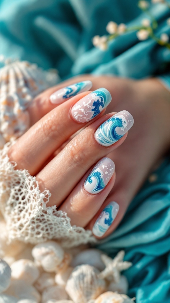 Nail art featuring an ocean wave design in blue tones on a hand with seashells and lace.