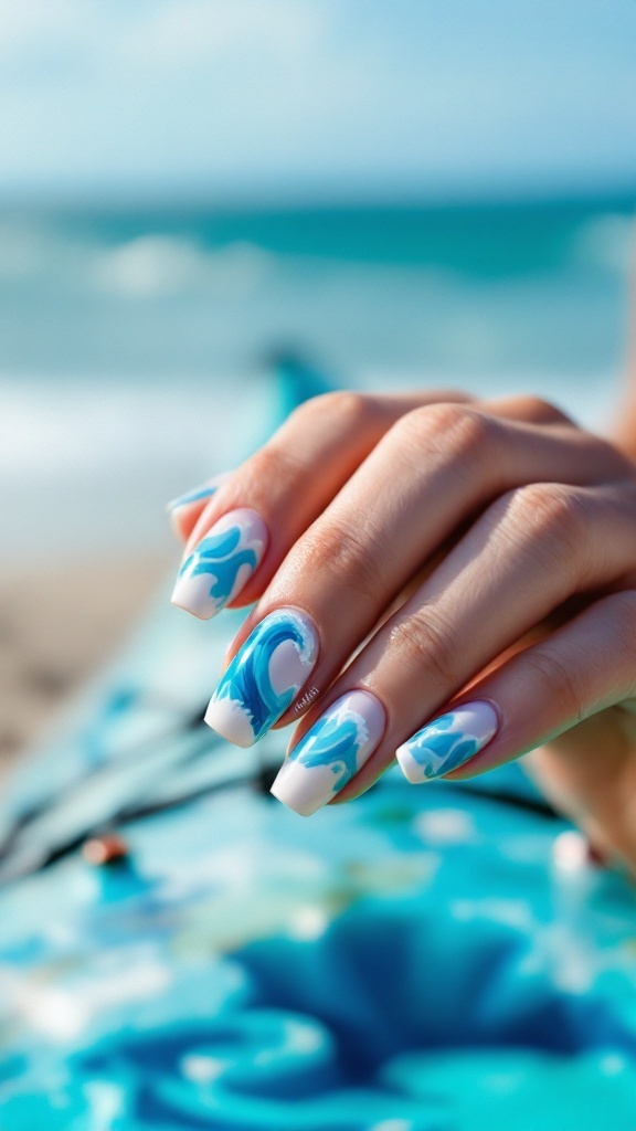 Nail art featuring ocean waves on a bride's hand against a beach backdrop