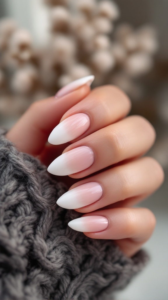 A hand with ombre almond nails featuring a nude pink to white gradient, held gently against a textured gray sweater.