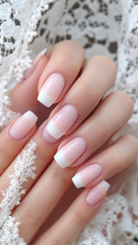 A close-up of elegant ombre French tip wedding nails with a soft pink base and white tips.
