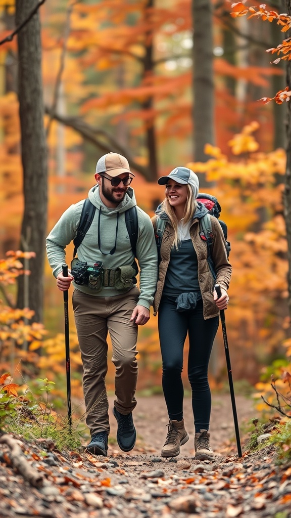 A couple enjoying a walk in the woods during fall, surrounded by colorful leaves, dressed in casual outdoor outfits.