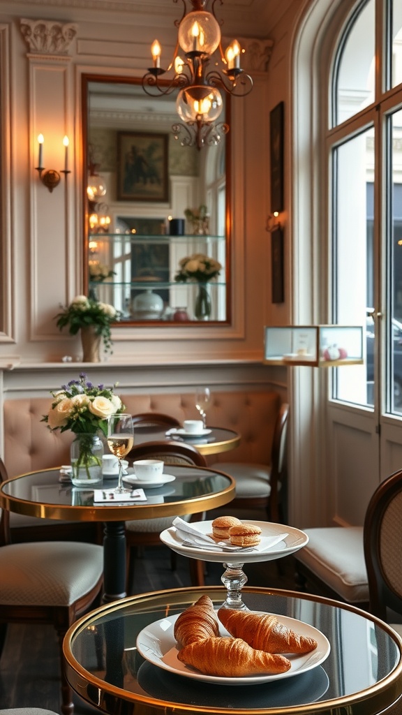 A cozy Parisian café setting with elegant decor, featuring croissants and macarons on a table, and a floral centerpiece.