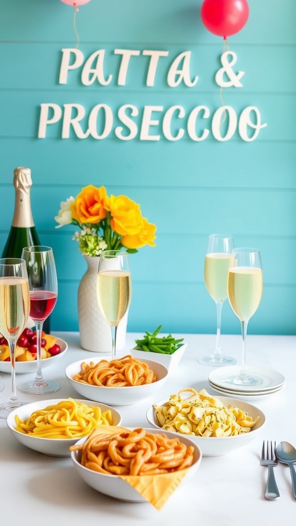 A vibrant table set for a Pasta and Prosecco party, featuring different pasta dishes, Prosecco glasses, and a cheerful backdrop.