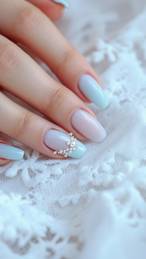 Pastel blue wedding nails with pearl accents on a lace background