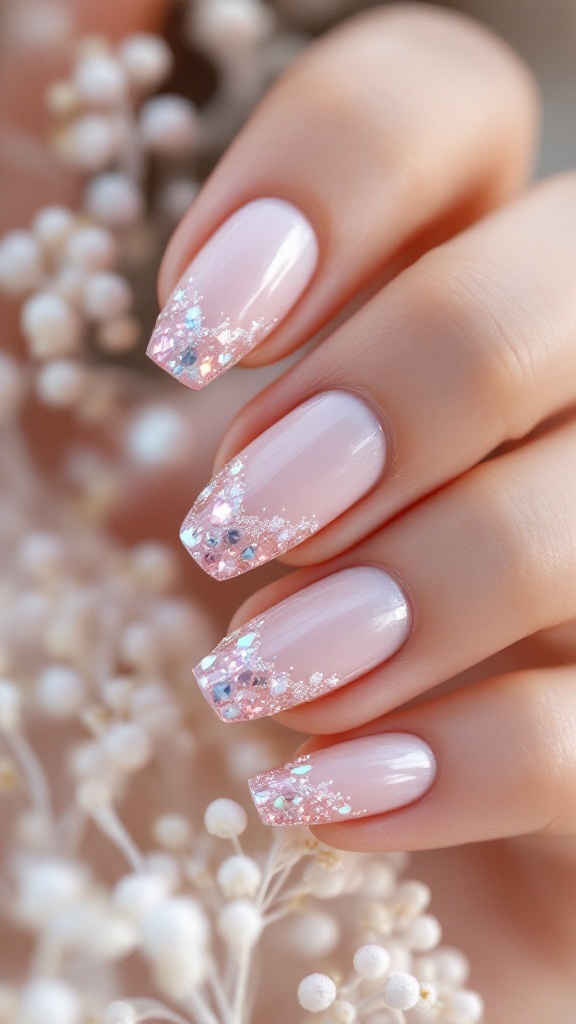Pastel chrome wedding nails with a soft pink base and sparkling tips.