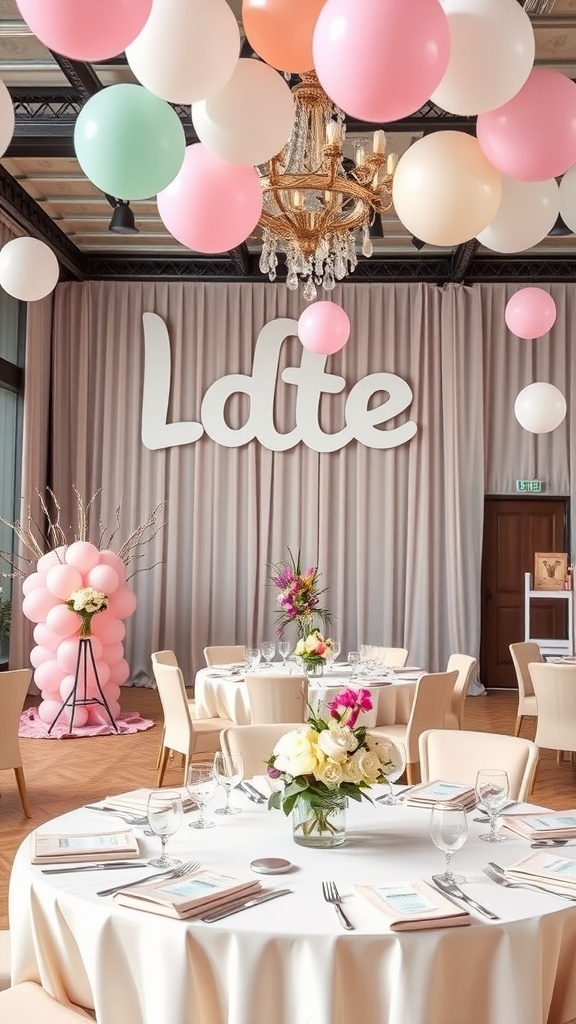 A beautifully decorated bridal shower venue with pastel balloons, floral arrangements, and elegant table settings.