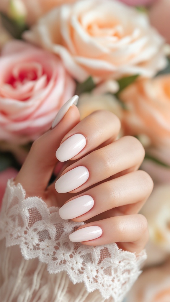 Wedding nails with pastel pearl shades against a floral background