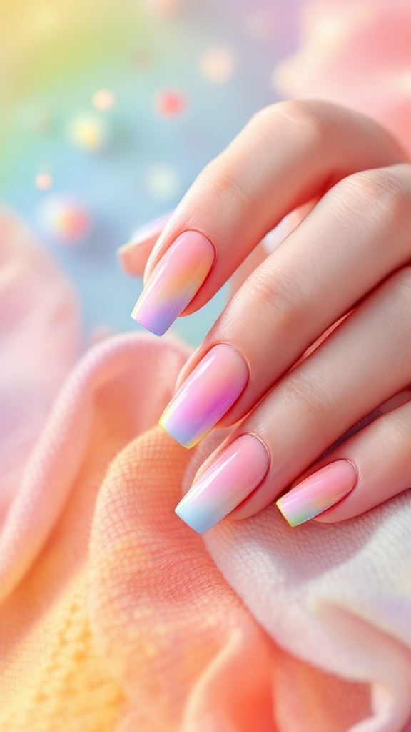 A close-up of square-shaped pastel rainbow nails with a gradient effect, showcasing soft colors.