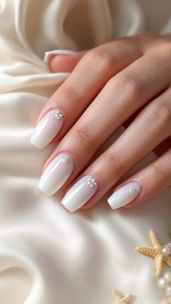 A close-up of a bride's hand with elegant nails featuring pearl accents and a pearl ring, set against a soft, light backdrop.