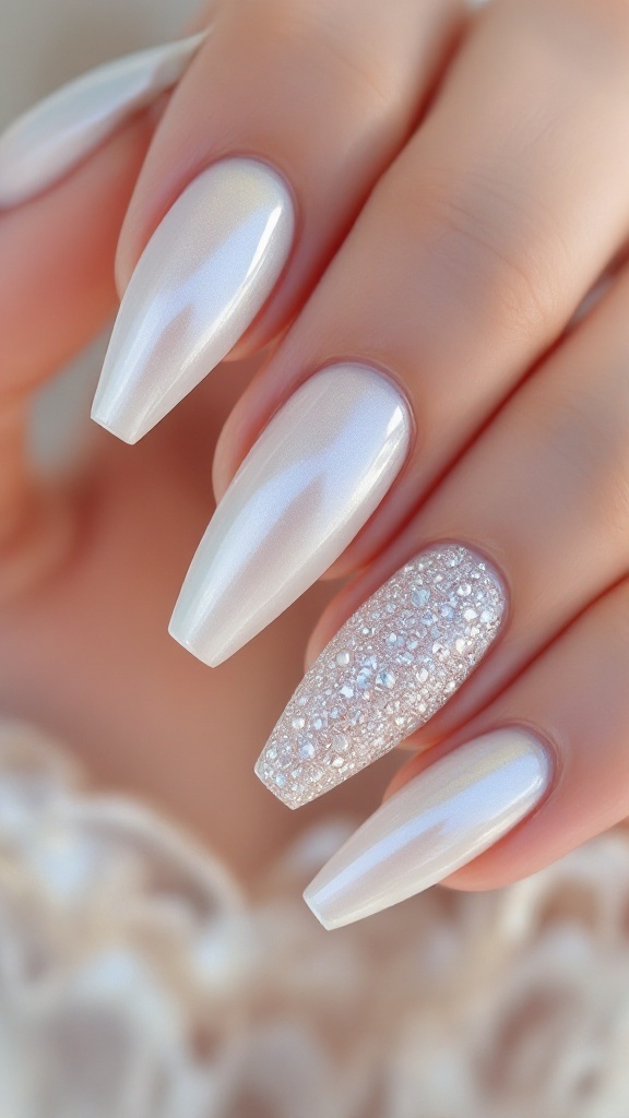 Close-up of wedding nails with pearl chrome texture and a sparkly accent nail.